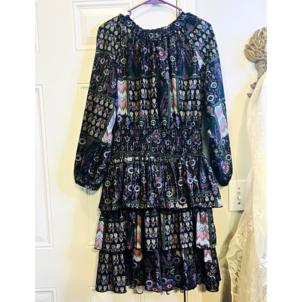Boho Tiered Ruffle Dress Sz S Yakira Bella Dark Floral Smocked Waist Whimsigoth